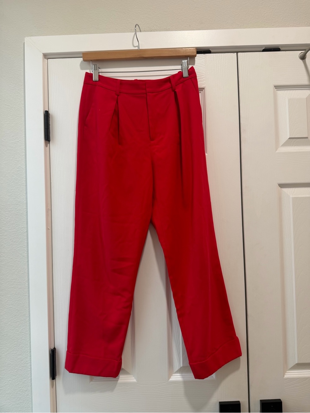 Alice + Olivia Bold Red High-Waist Pleated Trousers